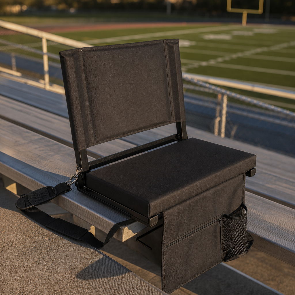 The Full Game Chair open on an aluminium bleacher at a football field, late afternoon light, shoulder strap hanging