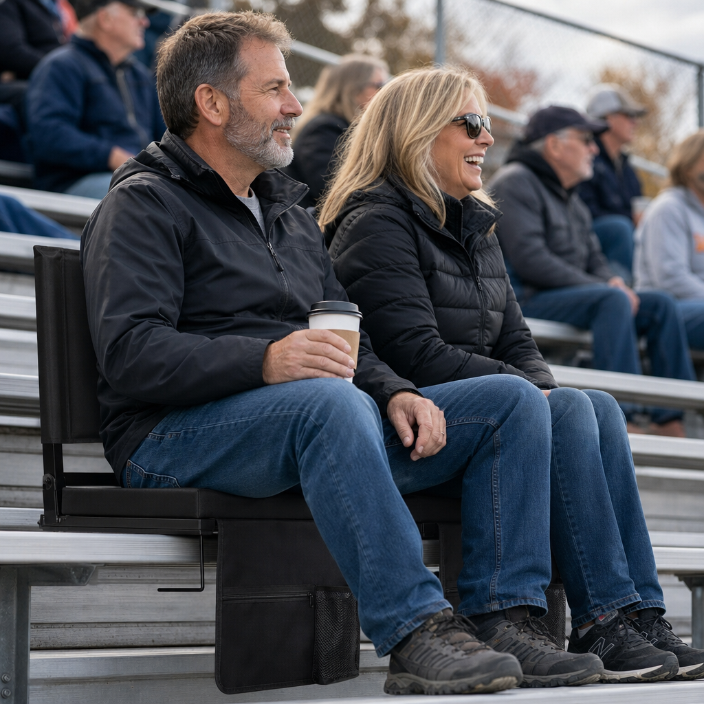 A couple sitting upright in Full Game Chairs on a bleacher, backs supported