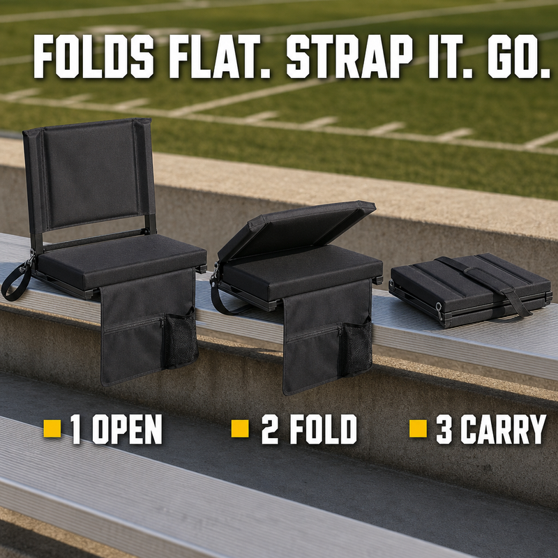 Three steps showing the Full Game Chair open on a bench, folding, and folded flat with the strap around it